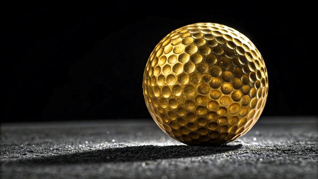 Golden golf ball with textured surface on dark background in dramatic lighting