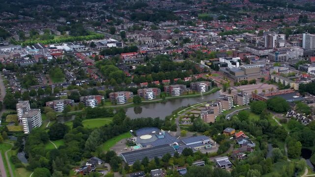 An panoramic Aerial view of the old town of the city Drachten in the Netherlands on a cloudy morning in summer