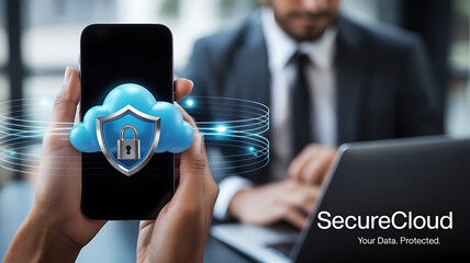 Man holding smartphone with secure cloud graphic overlay while using a laptop nearby