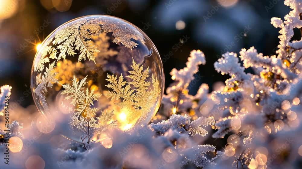Poster winter's delicate sphere: a captivating macro shot reveals a transparent soap bubble, adorned with f