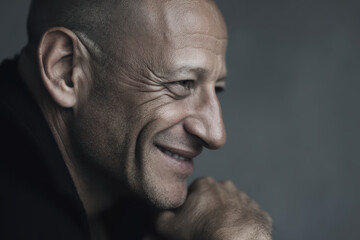 Obraz premium portrait of showrunner with inspired smile positioned on left side of frame