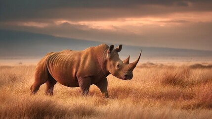 Obraz premium White rhinoceros walking in african savanna at sunset