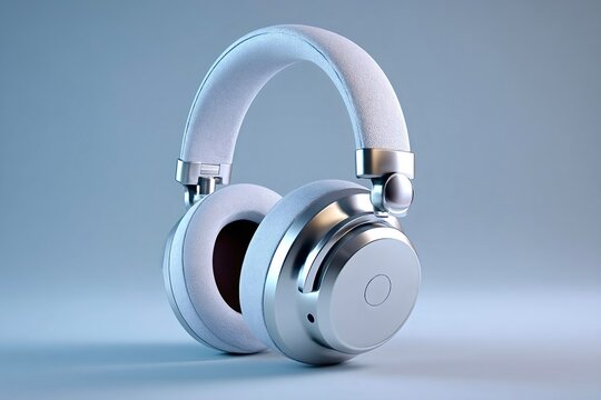 Modern wireless headphones resting on a soft blue background