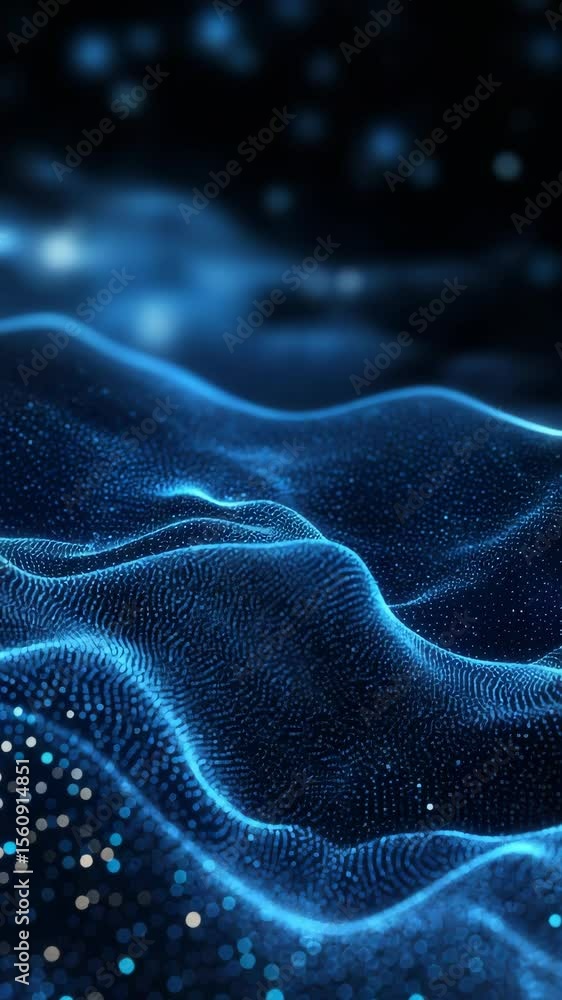 Poster abstract digital landscape of blue particle waves on a dark background