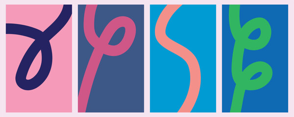 Set of Abstract wavy lines on colorful backgrounds,. Four abstract colorful curved shapes on pastel backgrounds in a grid