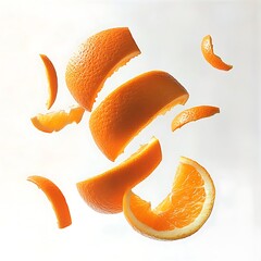 
Casca de laranja enrolada, flutuando no ar, isolada em fundo branco.


