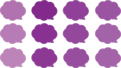 紫色とピンク、あずき色をした１２色の雲の形の吹き出しセット。ふきだしの内側は白い破線で囲まれている。