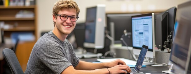 Happy Male Student Working on Laptop in Computer Lab
