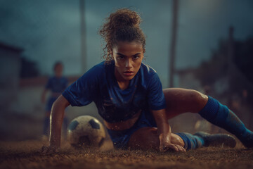 Determined female soccer player sliding in for a tackle on dirt field
