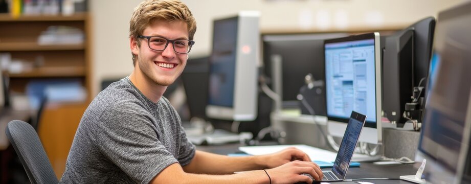 Happy Male Student Working on Laptop in Computer Lab