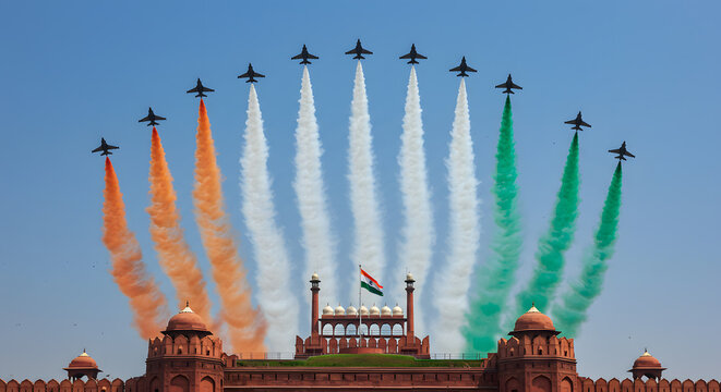 Airshow jet smoke trail sky celebration parade flag india republic day independence day air force flight spectacle fort aircraft