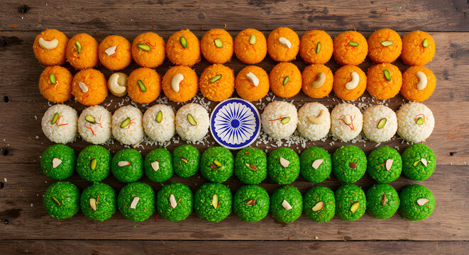 Sweet food flag india mithai laddu dessert culture tradition celebration festival patriotism creativity food art concept top view background