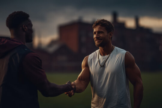 Soccer player in sleeveless top shows sportsmanship with handshake