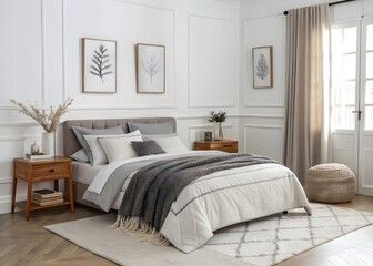Flowers on wooden stool and pouf in white bedroom interior with posters above bed. Real photo