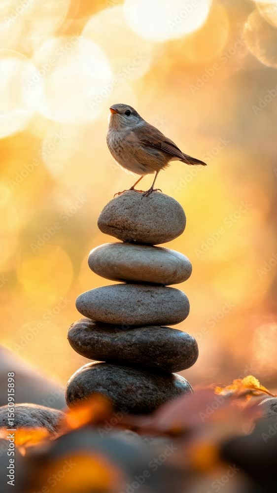 Poster bird on stacked stones with warm bokeh background in autumn light