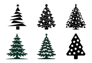 Collection of six christmas tree silhouettes isolated on white background