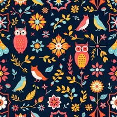 A vibrant and colorful floral pattern featuring six colorful birds and flowers on a dark blue background. the pattern is designed with a repeating design of various shapes and colors, including red, o
