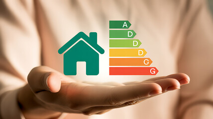 Person holding a house icon with energy efficiency rating chart in their hand close up