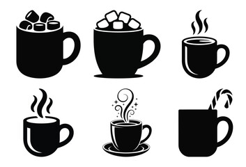 Obraz premium Collection of hot beverage mugs with marshmallows and candy cane silhouette isolated on white background