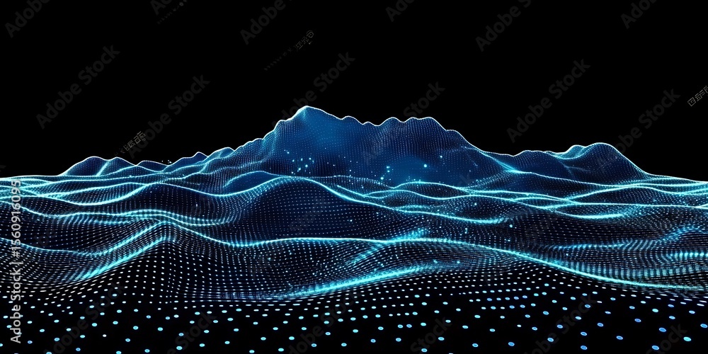 Poster abstract black dark background with blue dots and lines, a wave pattern on the surface of mountains,