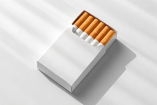 Realistic cigarette box product mockup with plain white blank label, isolated on clean white background, bright lighting, minimal shadows, perfect for branding and packaging design presentation
