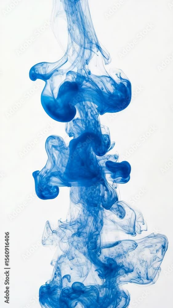 Poster flowing blue ink in water creates abstract artistic patterns on white background