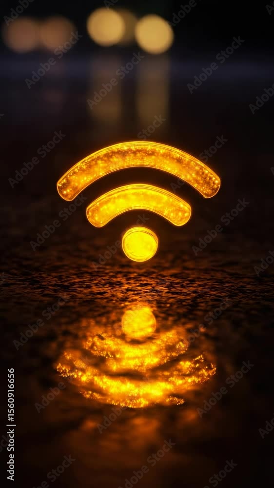 Poster glowing orange wifi symbol with reflection on a dark wet surface, digital concept