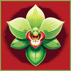Vibrant orchid design with green petals and red accents on a deep red background in a modern artistic style Generative AI
