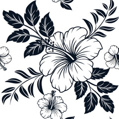 Black and white floral design featuring hibiscus flowers on a light background with intricate foliage patterns Generative AI
