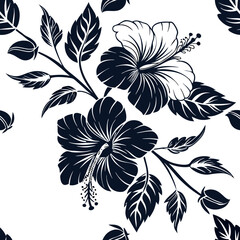Black and white floral pattern featuring hibiscus flowers and leaves on a light background Generative AI