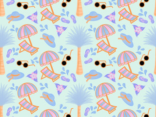 Seamless pattern of summer on the beach, which includes elements palm trees, beach umbrellas and lounge chairs, hats, sunglasses, flip flops and water splashes with green background. Holiday on summer