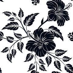 Floral pattern featuring hibiscus flowers and leaves on a white background for elegant decor and design projects Generative AI