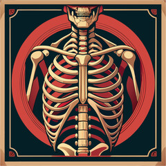 Detailed illustration of a human skeleton within a circular design featuring bold colors and intricate outlines Generative AI