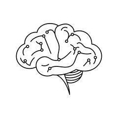 Vector line icon of brain with circuit pattern, symbolizing neural network and artificial intelligence. Minimal clean outline, black lines on white.