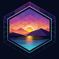 Vibrant sunset over geometric mountains reflected in tranquil water beneath a twilight sky Generative AI