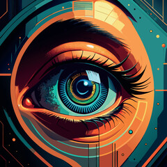 Close-up of a human eye with vibrant colors and digital elements in a futuristic design Generative AI