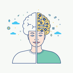Illustration of human brain divided into organic and technological elements representing creativity and artificial intelligence Generative AI