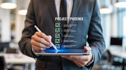 Man in suit holding tablet with project phoenix checklist and stylus in office space