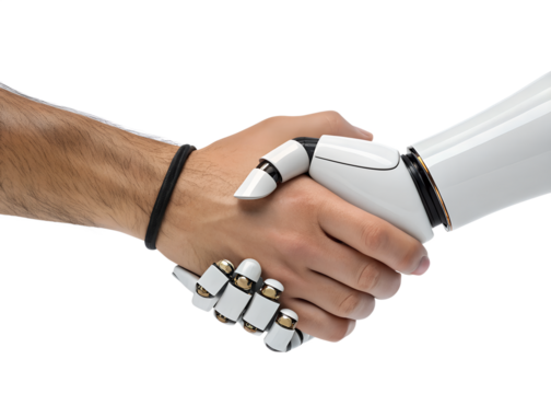 Robot and Human Handshake – AI Integration and Partnership on White Background