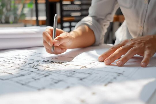 A close-up of a hand holding a pen, drawing architectural plans on a blueprint. The scene emphasizes design and construction concepts.