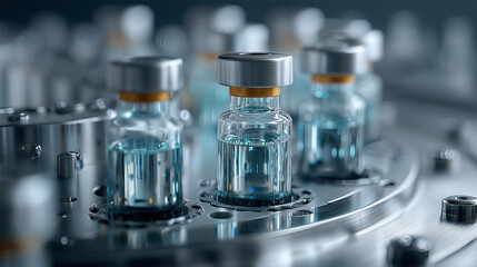 Glass vials filled with vaccine on a metallic conveyor belt in a modern plant