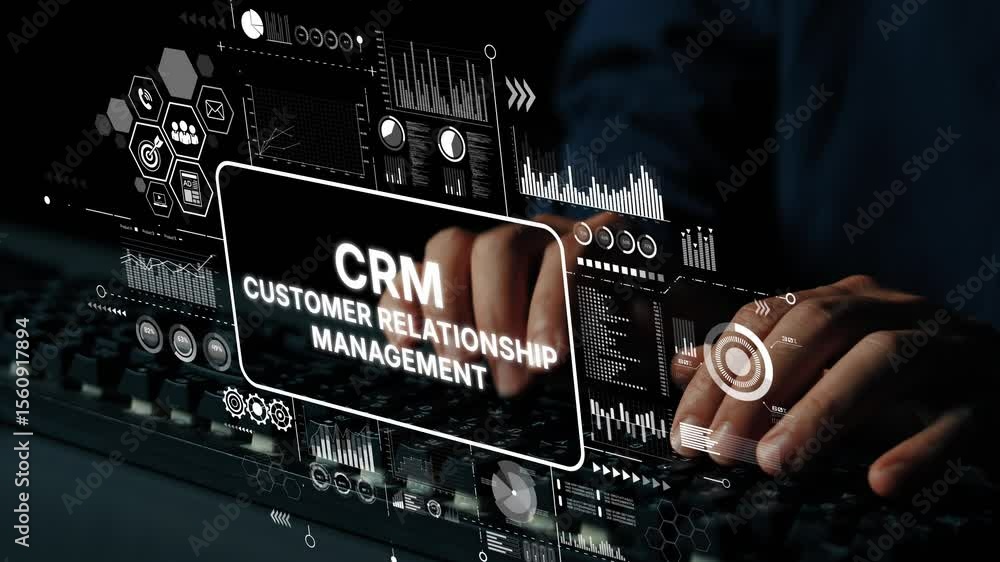 Poster hands typing on keyboard with crm customer relationship management displayed on digital screen in fu