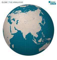 Vector Globe centered to The Himalayas. Teal Blue Pale Pink palette. World map with meridians, parallels, countries, rivers and lakes. Beautiful vector illustration.