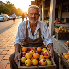 Fototapeta premium A cheerful older man with gray hair and beard, wearing a white shirt and brown overalls, selling fresh apples at a market stall.