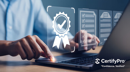 Person interacting with laptop displaying quality assurance and checklist icons overlay