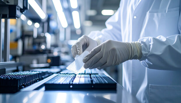 Researcher in lab coat handling a sample in a clean manufacturing environment with high tech equipment for medicine research.