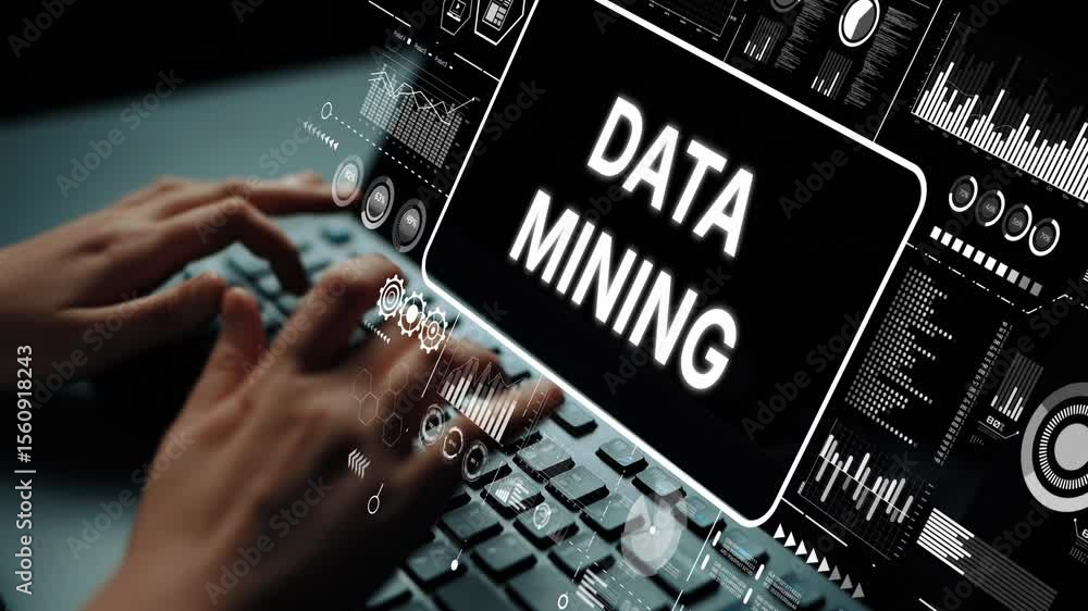 Poster hands typing on keyboard with data mining concept and digital graphs on screen illustrating modern t
