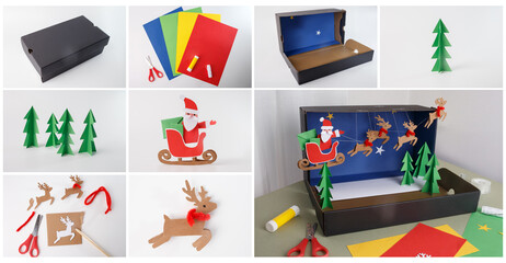 DIY Christmas scene construction with paper, shoebox and cut elements, useful for educational books, blog tutorials, holiday promo, kids classes, stationery or creative content