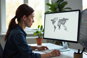 Young woman working on computer and analyzing data in office  