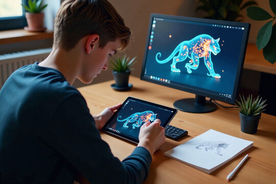 Teenage boy drawing on tablet while designing graphics at desk  